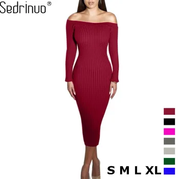 Fashion Long Sleeve Off Shoulder Slash Neck Sexy Club Women Dress Slim Bodycon Knitted Sweater Knee-Length Party Night Dresses