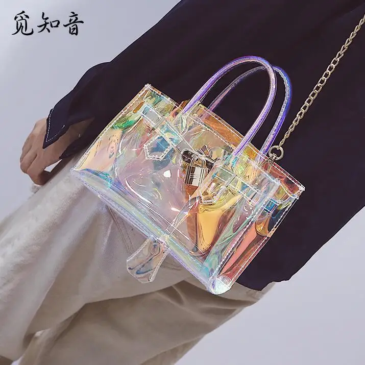 

Summer Fashion New Handbag High Quality Pvc Women Tote Bag Laser Transparent Jelly Bag Sweet Chain Shoulder Bags Female Bag