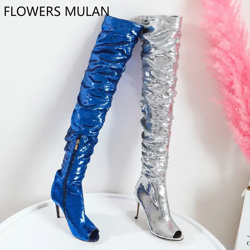 

Designers Blue Silver Bling Sequined Leather Long Boots Women Over The Knee Sexy Peep Toe Ladeis Booties Runway Zapatos De Mujer