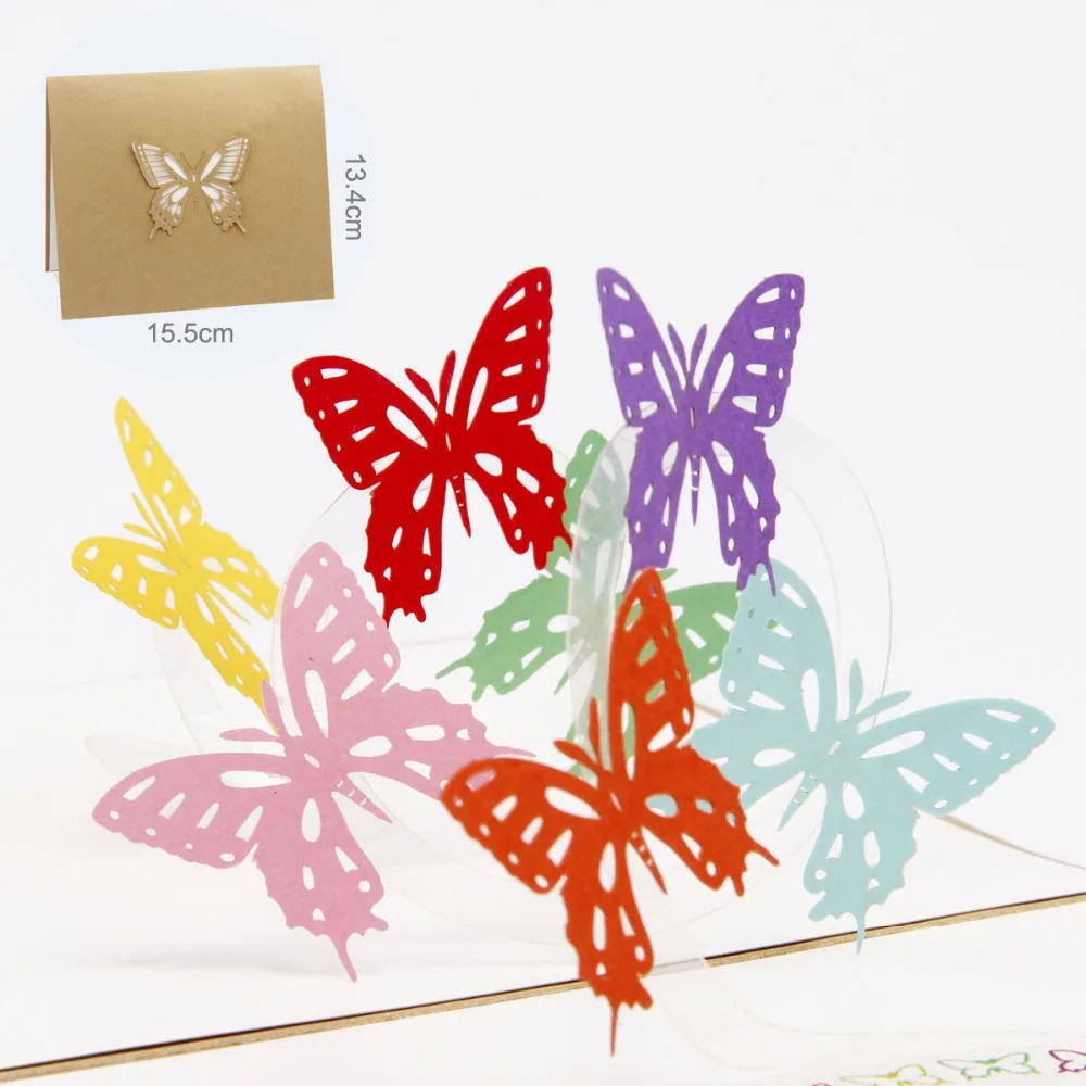 

3D Pop Up Colorful Butterfly Greeting Card Laser Cutting Envelope Animal Postcard Hollow Carved Handmade Kirigami Creative Gift