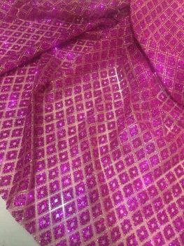 

elegant L-1125 sequin lace hand print for lady sawing shining lovely in fushia color with gliter