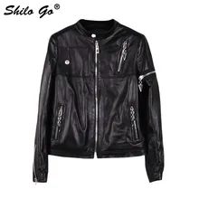 Большие размеры, модная женская Высококачественная короткая куртка из овечьей кожи с воротником «Мандарин», на молнии, с металлическими пуговицами, карманами, черного цвета, из натуральной кожи