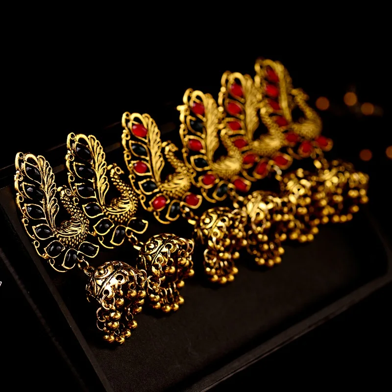 Индийские ювелирные изделия Jhumka Jhumki из золота в виде этнического павлина, серьги для женщин в винтажном стиле с черными бусинами, висячие серьги с кисточками, ювелирные изделия