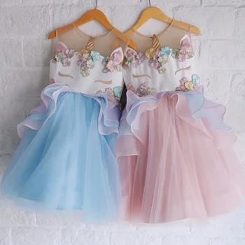 

30pcs Kids Unicorn Dress for Girls Embroidery Flower Ball Gown Baby Girl Princess Dresses for Party Costumes vestido unicornio