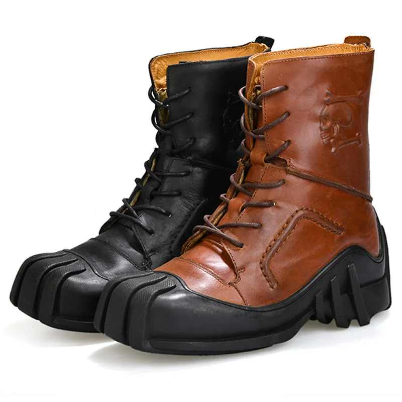 Men's Genuine Leather Skull Tactical Military Boots Plus Size Bikers Motorcycle Boots 15#26E50