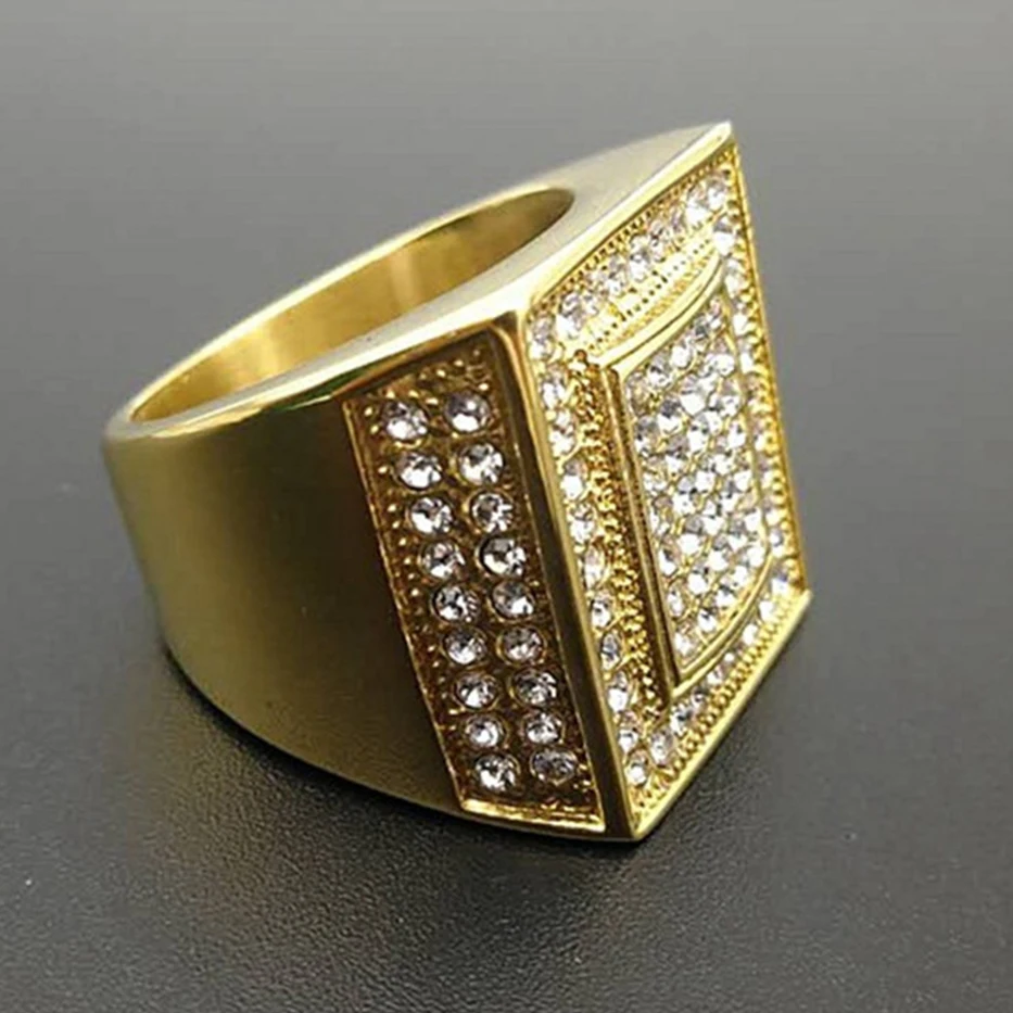 

Stainless Steel Iced Out Bling Square Rings For Men Gold Color Paved Rhinestones Ring Male Hip Hop Jewelry Dropshipping