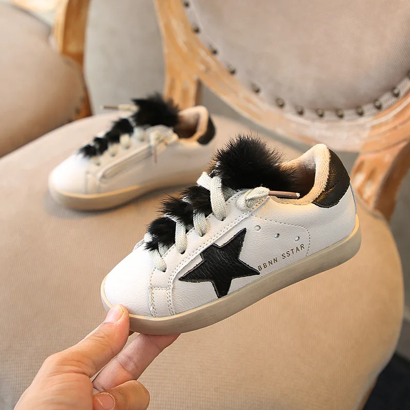 

Winter Fashion Cotton Little Kids Sports Shoes Genuine Leather Rabbit Hair Boys and Girls Casual Shoes Toddler Sneakers #28999