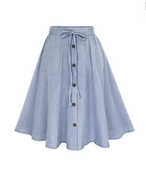 

2019 New Casual Women Stripe Single-breasted Lace High Waist Plain Skater Flared Skirt Women Sundress #zer