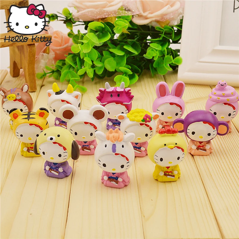 12pcs/set Hello Kitty Figure Toys KT Cat Japanese Anime Figures Gift Limited Edition Toys Collection Gifts Kids Hand to do Car