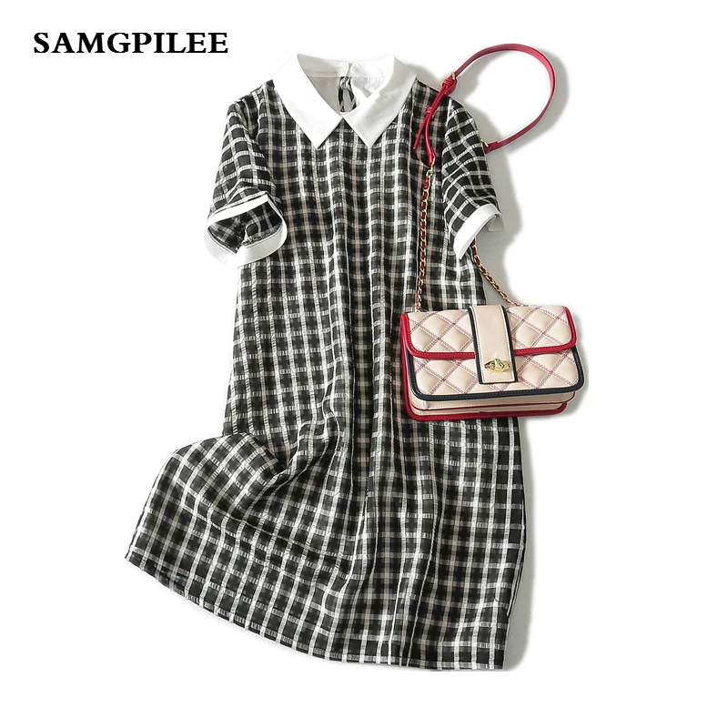 

2019 Limited New A-line Plaid Short Sleeve Appliques Knee-length Natural Peter Pan Collar Summer Women Dress
