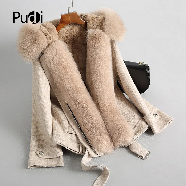 

PUDI RO18099 2018 Women Fall Winter new wool fox collar jacket with rabbit fur inside long style pocket leisure coat
