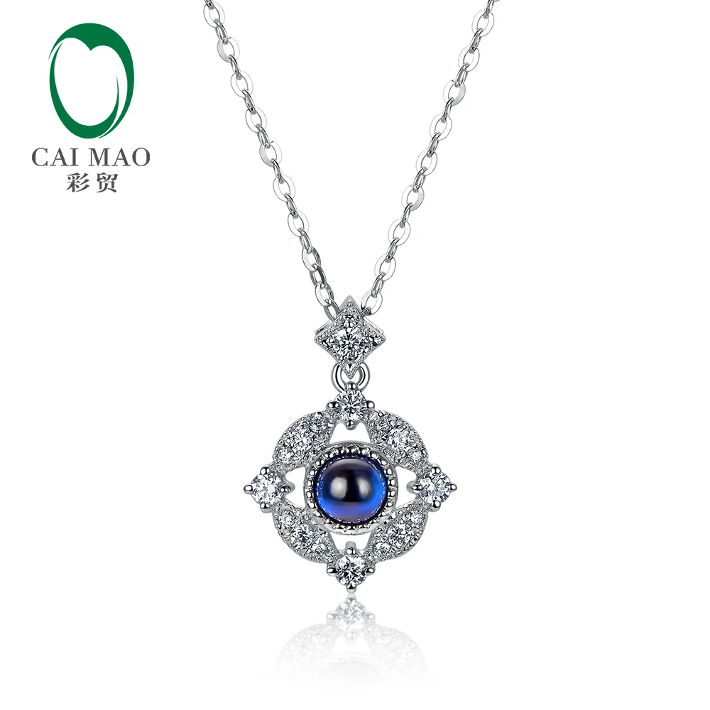 

Caimao Vintage Jewels Natural Milgrain Bezel Cabochon Cut Sapphire Diamonds Pendant 14kt WHite Gold Exquisite Chain