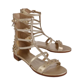 

PQECFS Big size 31-45 high quality genuine leather gladiator sandals gold color
