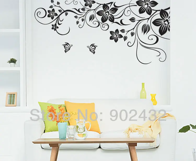 Large Size Black Vinyl Butterfly Flowers Vine Art Wall Sticker Decals Living Room Bedroom Wall Border
