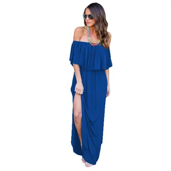 

2018 New Women Sexy Burgundy Off Shoulder Ruffle Bodycon long Dress split beach summer maxi Dresses vestidos with Pocket
