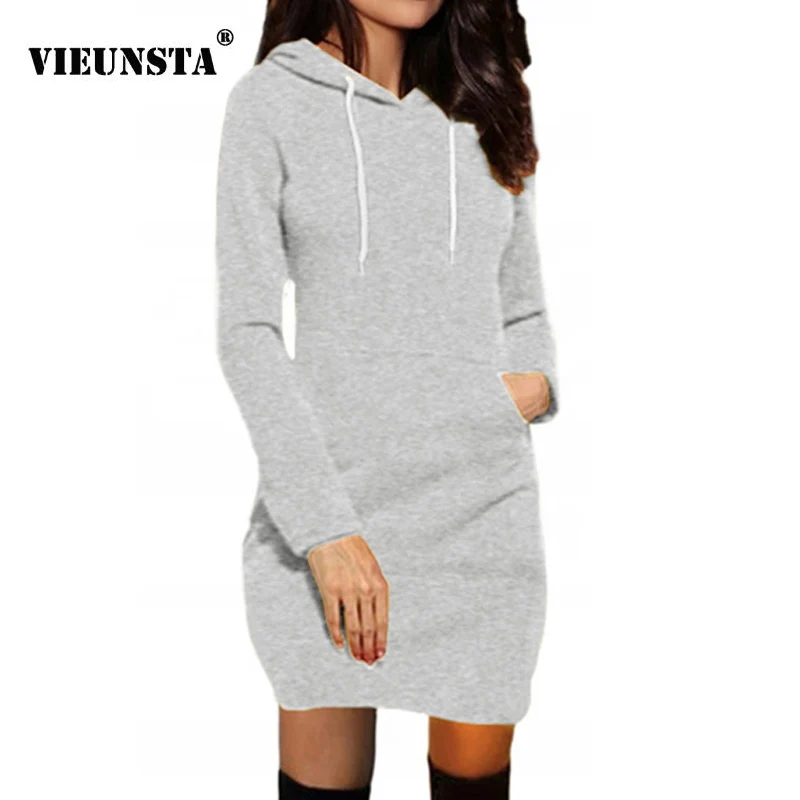 

VIEUNSTA Fashion Hooded Drawstring Fleece Women Dress Autumn Winter Warm Dress Casual Hoodie Sweatshirt Dresses Pockets Vestidos