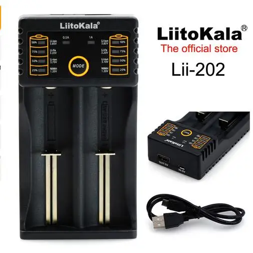 

LiitoKala Lii-202 USB Intelligent Battery Charger with Power Bank Function for Ni-MH Lithium for 18650 26650 18350 14500 lii202