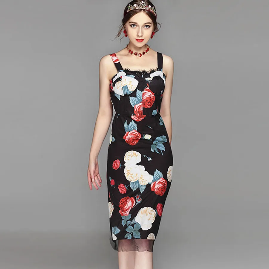 Black Summer Dresses Vintage Fashion Sleeveless 2017 Rose