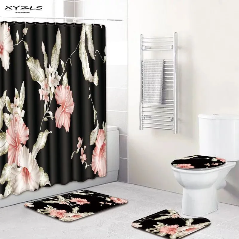 

XYZLS Romantic Floral Shower Curtain Set Polyester Waterproof Bath Curtain 180x180cm With Bathroom Mat Set