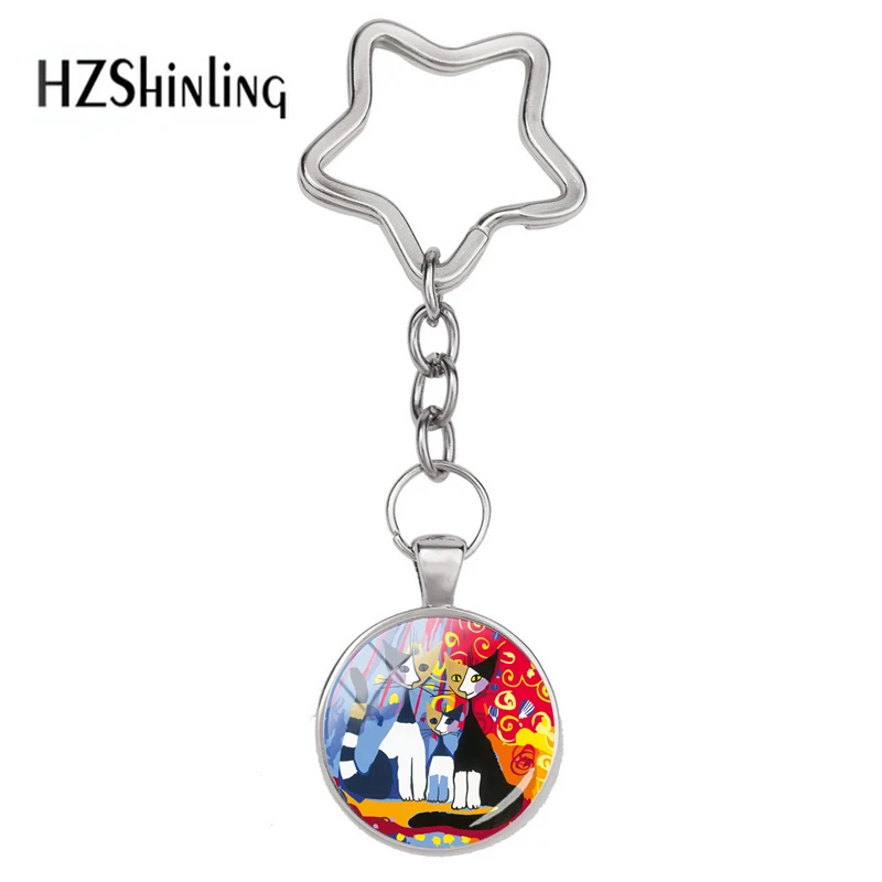 

2018 New Fashion Glass Round Cabochon Colorful Cats Keyring Cats Star Keychain Silhouette Cats Jewelry