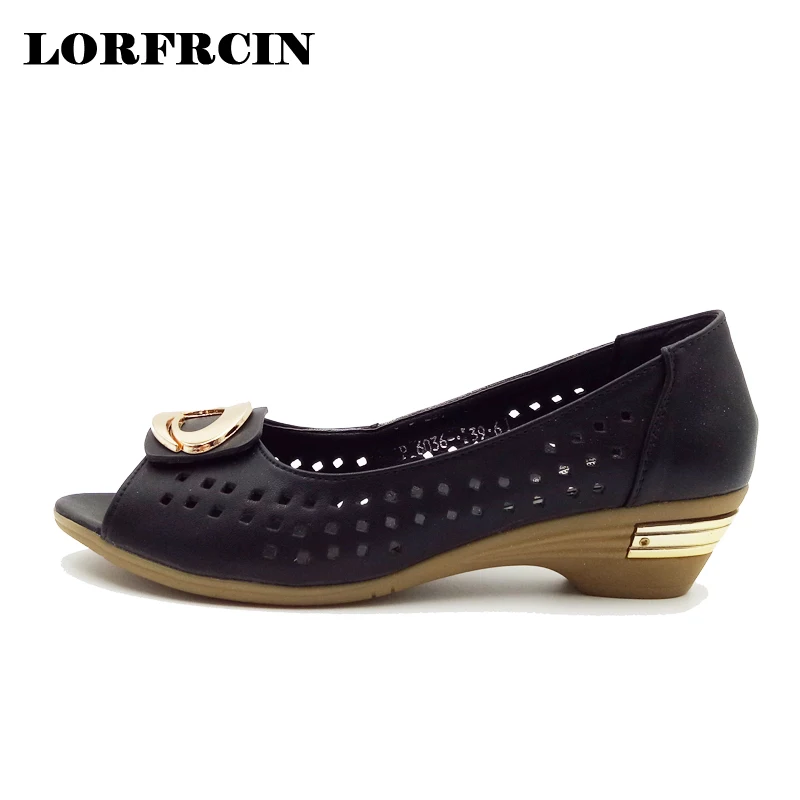 LORFRCIN Genuine Leather Shoes Women Hollow Sandals Women Peep Toe High Heels Sandals Metal Decoration Ladies
