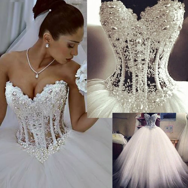 2018 novia sin espalda nupcial bola vestido con perlas top capilla