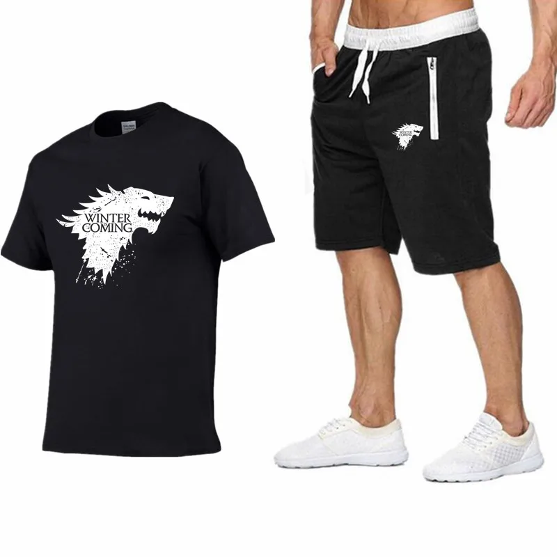 Новая мода спортивная футболка набор Мужская футболка шорты + шорты принт Игра престолов мужские футболки летние спортивные мужские