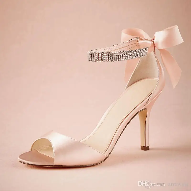 Pink/Ivory Crystal Ankle Strap Wedding Shoes Peep Toe Satin Brides