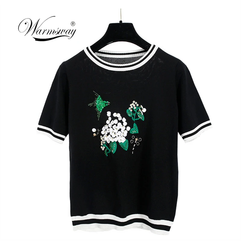 Europe Fashion Summer 2018 Floral Sequin Embroidery Knitted T shirt Women short sleeve Tops Ribbed Tee Striped Pullovers B-017 Europe Fashion Summer 2018 Floral Sequin Embroidery Knitted T shirt Women short sleeve Tops Ribbed Tee Striped Pullovers B-017