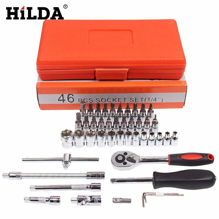 

HILDA 46pcs 1/4-Inch Socket Set Car Repair Tool Ratchet Torque Wrench Combo Tools Kit Auto Repairing Tool Sets Car Tools
