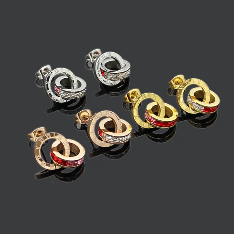 

Bilincolor rose gold titanium double circle with pink red and white cubic zirconia trendy stud earring for women