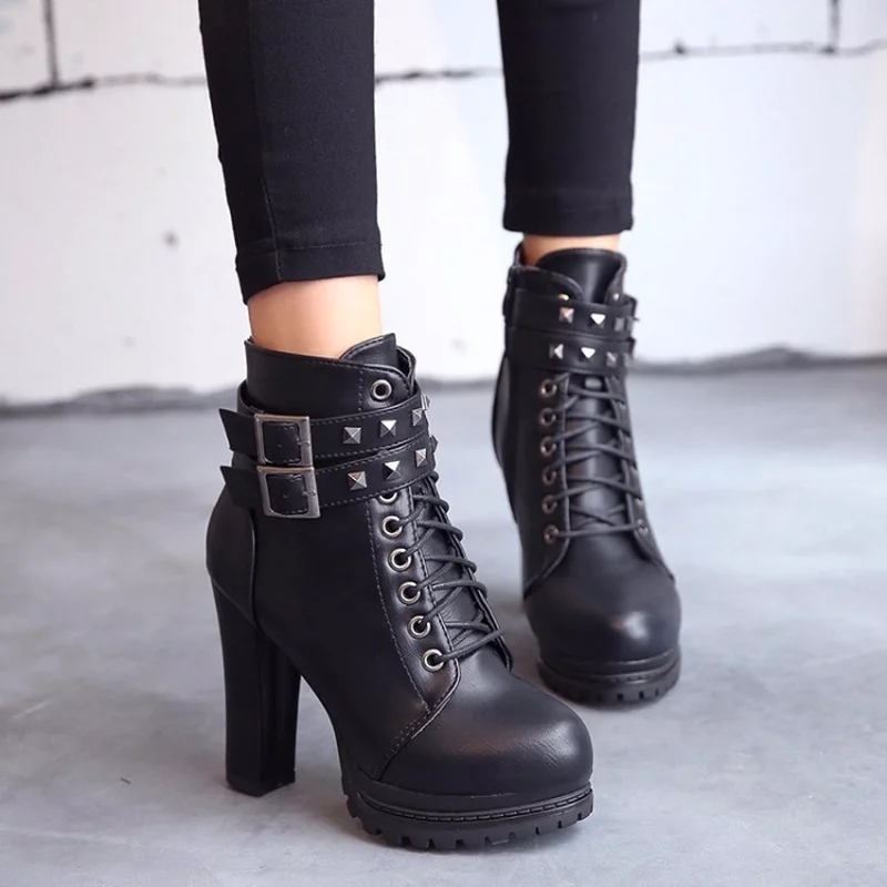 

autumn Women Boots Round Toe Shoes Women Cross-tied Female Fashion Martin Boots All Match PU High Heels Chaussure Femme F1-44