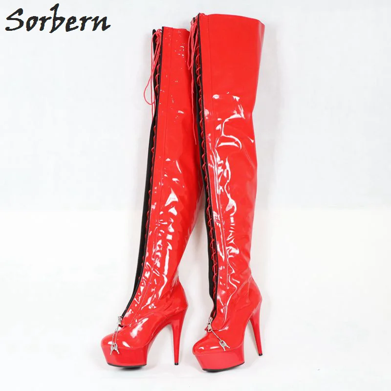 Sorbern/женские сапоги до бедра на платформе 15 см с застежкой-молнией спереди на платформе с замочком; красные лакированные сапоги на шнуровке и молнии;