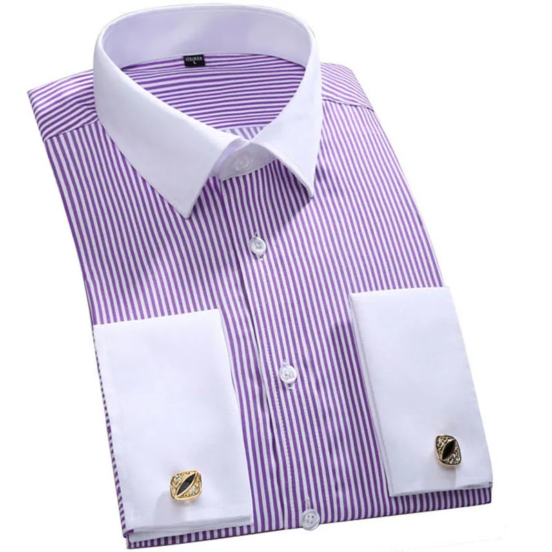 FillenGudd размера плюс 6XL французские запонки для рубашки мужские полосатые однотонные модные роскошные большие 5XL деловые рубашки мужская одежда - Цвет: fs12 purple striped