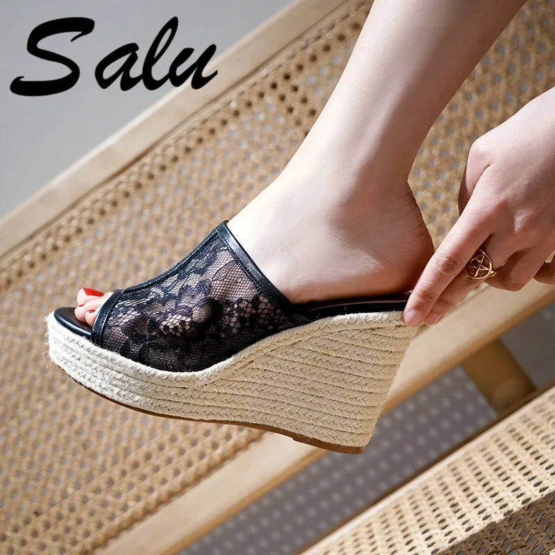 

Salu Women Sandals Leather Wedge High Heel Decoration Platform Slingback Soft Sole Wedding Shoes Size 34-39