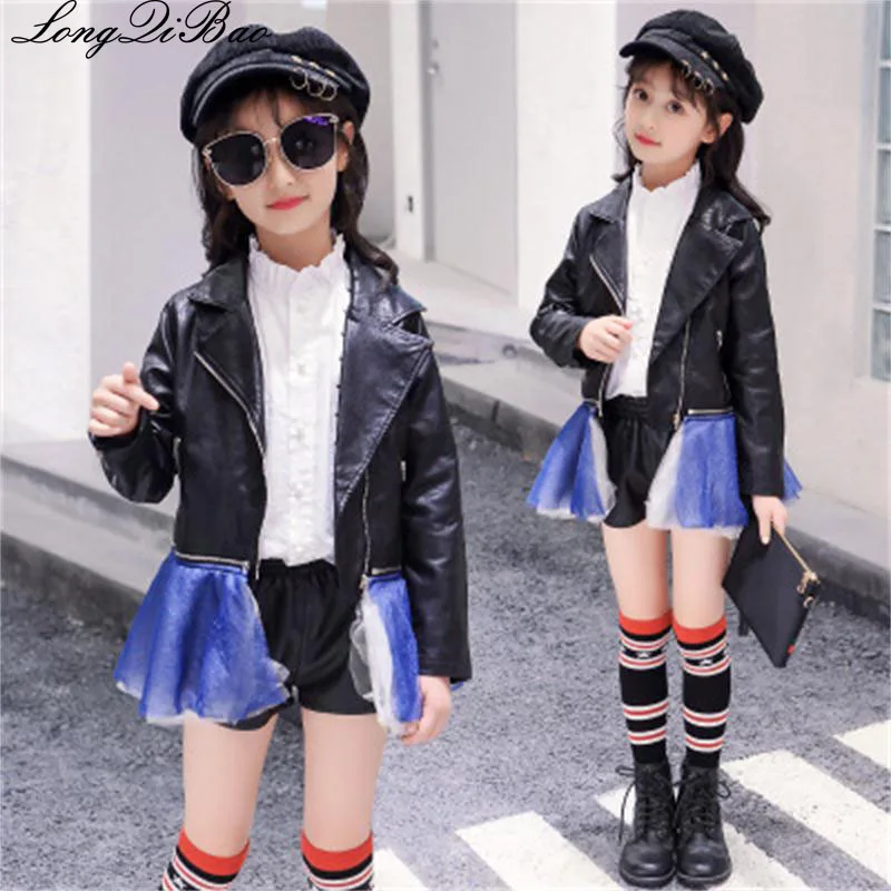

Baby girl 2018 spring and autumn new girls Korean version of the hem stitching mesh leather clothing in the children's PU leathe