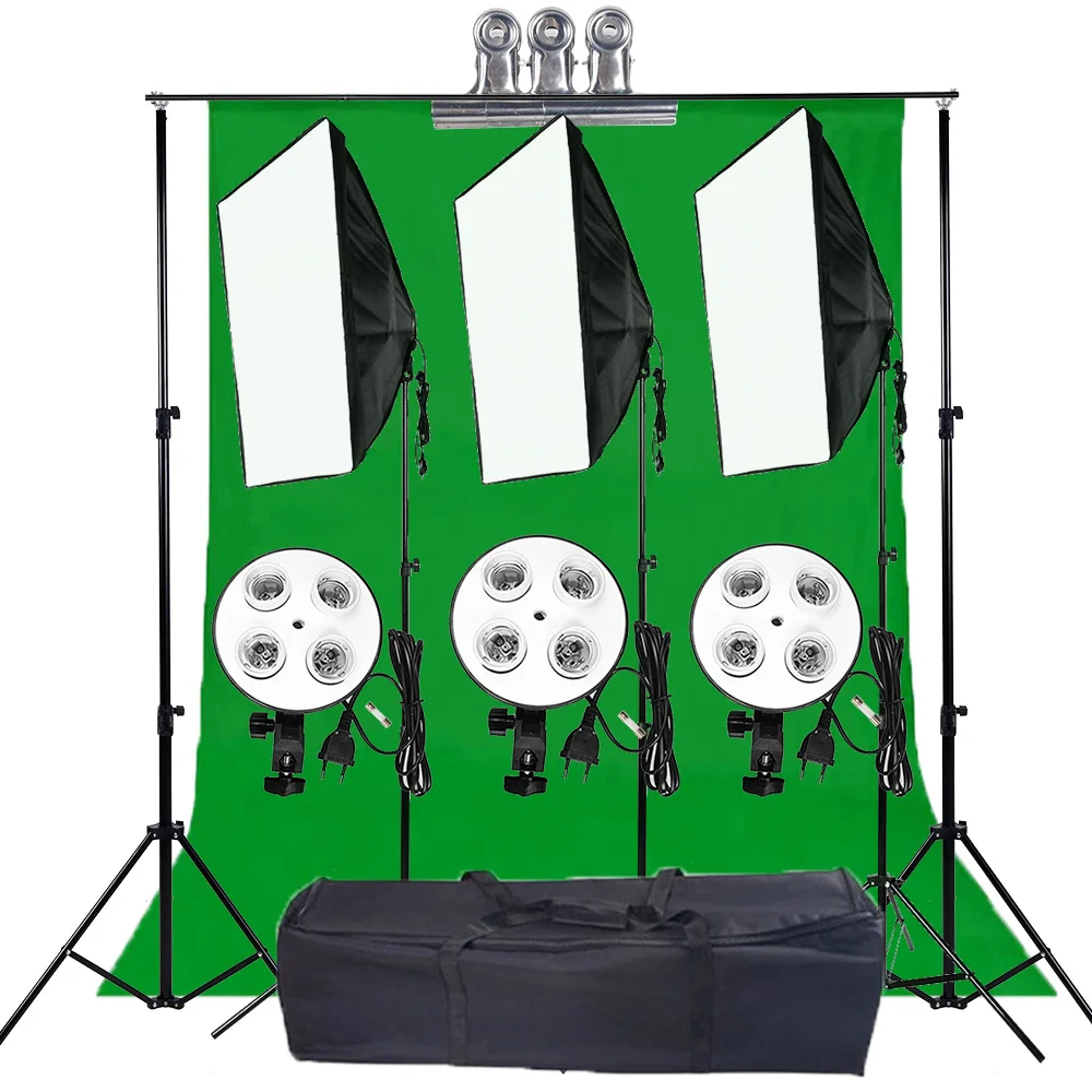 

Photography Backdrop Softbox Lighting Kit with 4 Socket Lamp Holder 4pcs 2M Light Stand Background Stand Holder Cloth Carry Bag