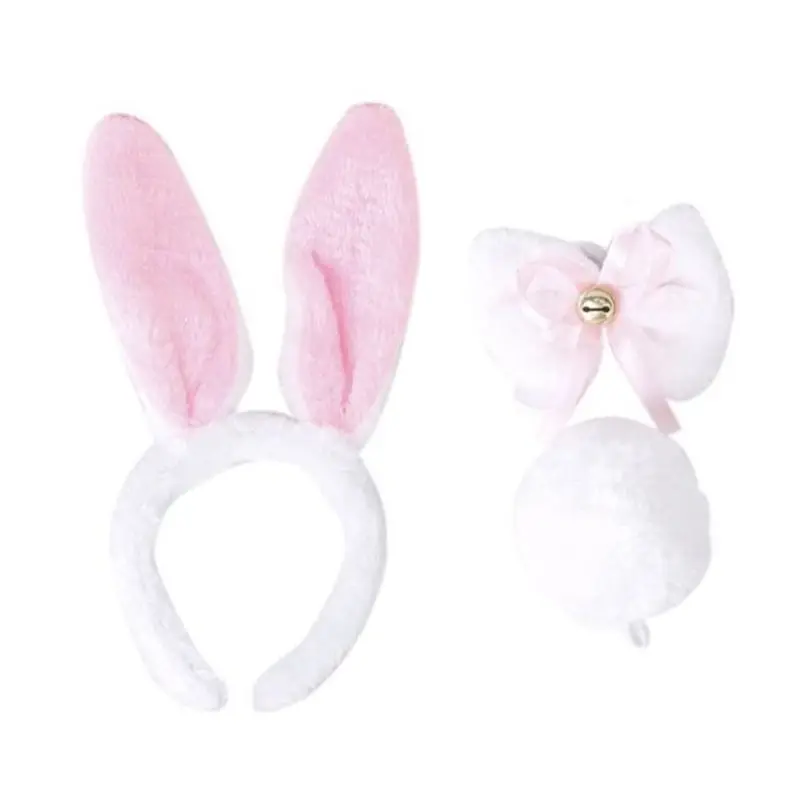 

3Pcs Child Adult Animal Costume Set Fluffy Plush Rabbit Bunny Ears Headband Ring Bell Bowtie Tail Easter Party Favor Cosplay Kit