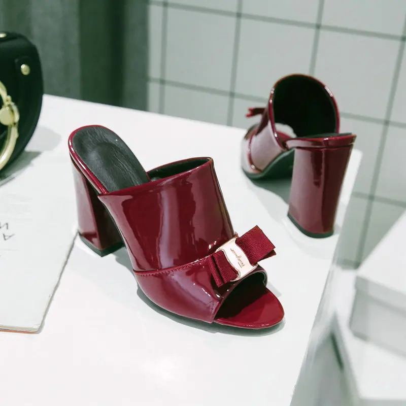Meotina/Женская обувь; летние женские Вечерние туфли на высоком каблуке с открытым носком; женские шлепанцы с бантом на квадратном каблуке; Уличная обувь; цвет красный, черный; большие размеры 34-43