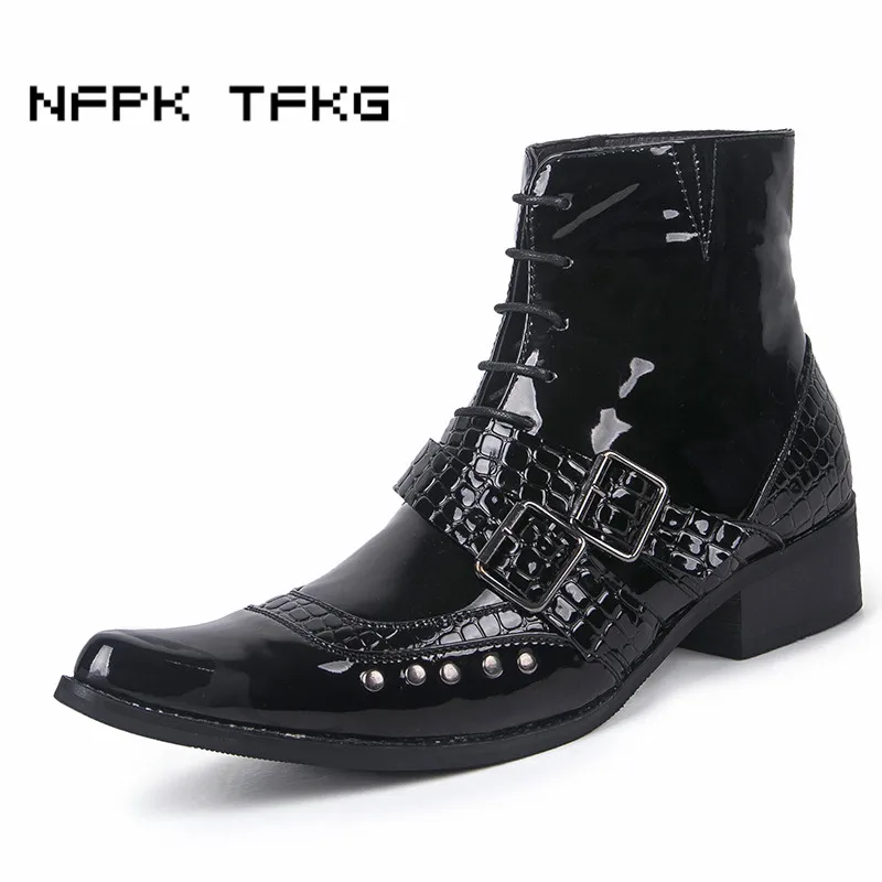 British luxury fashion men's punk night club wear cow leather shoes