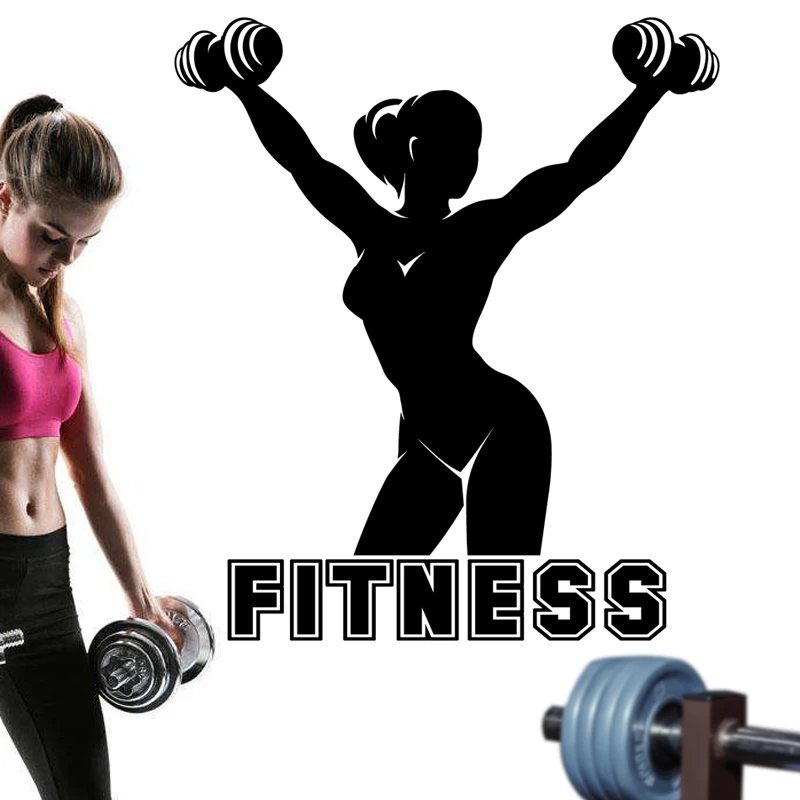 Gym Name Sticker Girl Fitness Crossfit Dumbbells Decal Body-building Posters Vinyl Wall Decals Parede Decor Gym Sticker