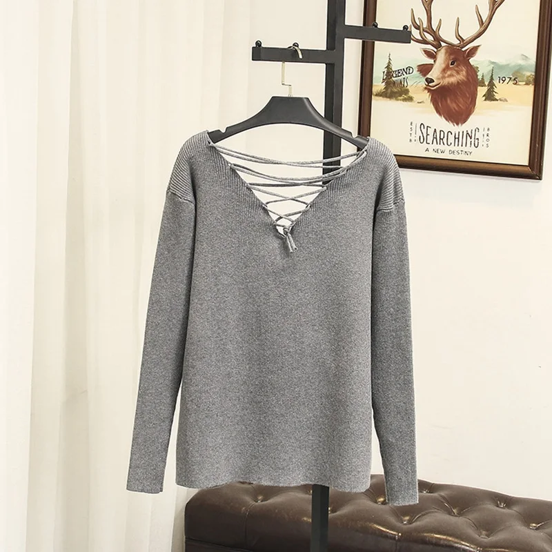Backless Sweater Women Pullovers Plus Size High Street Solid Long Sleeve Slim Knitted Sweater Gray Black SWM1229 Backless Sweater Women Pullovers Plus Size High Street Solid Long Sleeve Slim Knitted Sweater Gray Black SWM1229