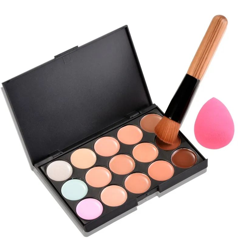 Pro Makeup Kit 15 Color Concealer Palette +Wooden Handle Brush +Puff