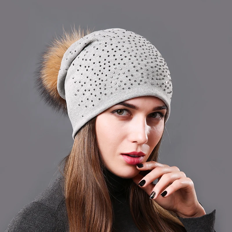 Женские зимние теплые шапки из хлопка с помпонами натурального меха енота|pom pom