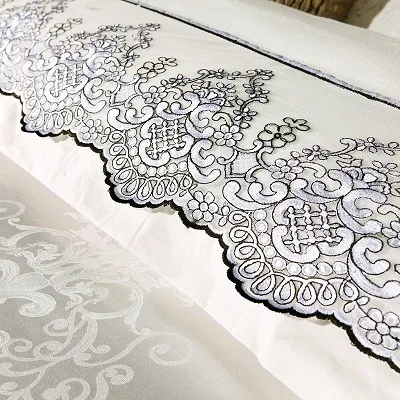 White Silver Color Jacquard Luxury Bedding sets 4/6 Pcs Queen/King size lace cotton Stain Bed set Bed linen Duvet cover pillow 30