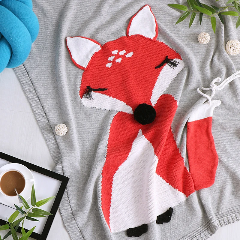 90*110CM Soft Baby Cute Animal Fox Blanket Crochet Pure Color Cotton