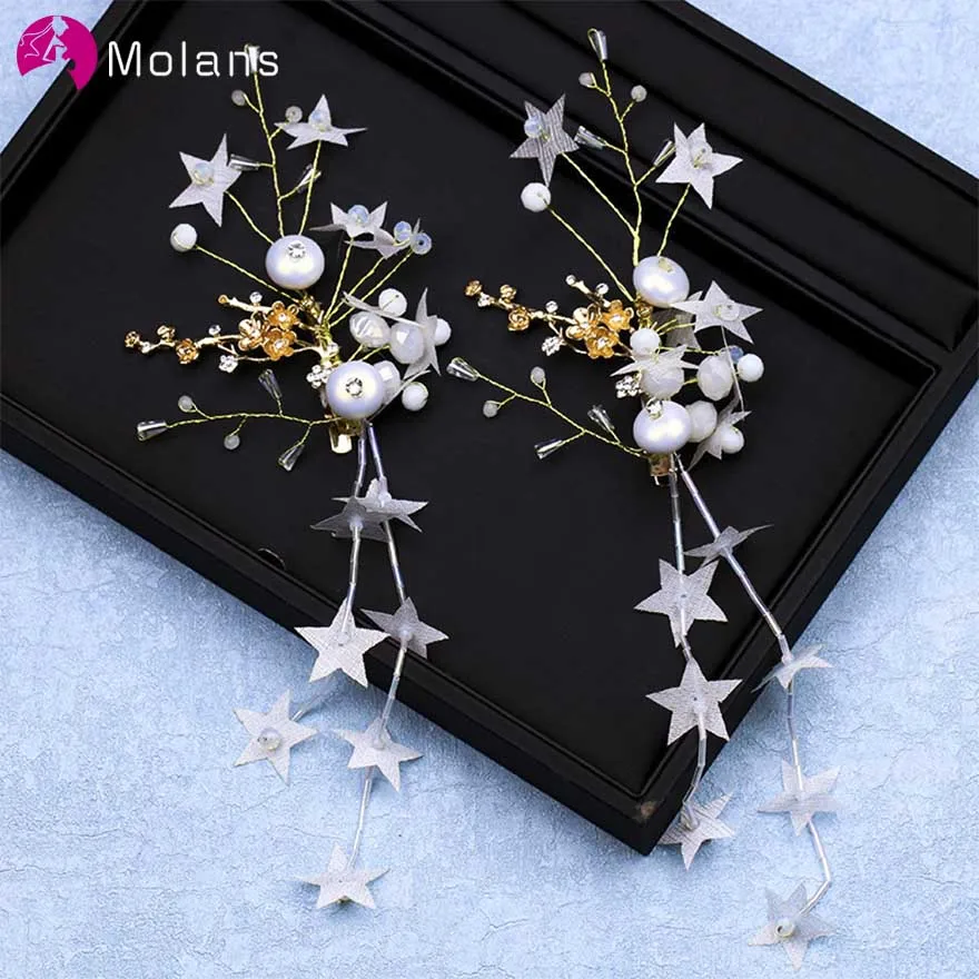 

MOLANS 1 Pair Delicate Fashion Pentagram Floral Hairpins for Bridal Wedding Manual White Beading Alloy Hair Clips for Photograph