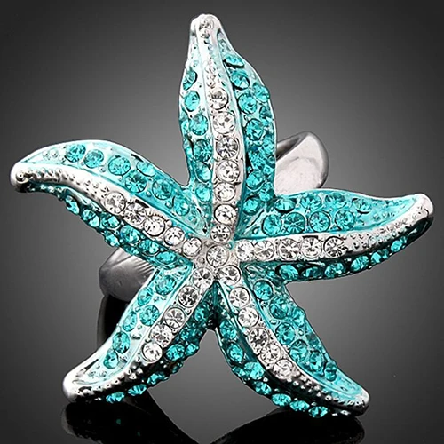 

Hot Hot Gold-color Crystal Rhinestone 3D Starfish Statement Finger Ring Blue Whit 7G2G BCZQ