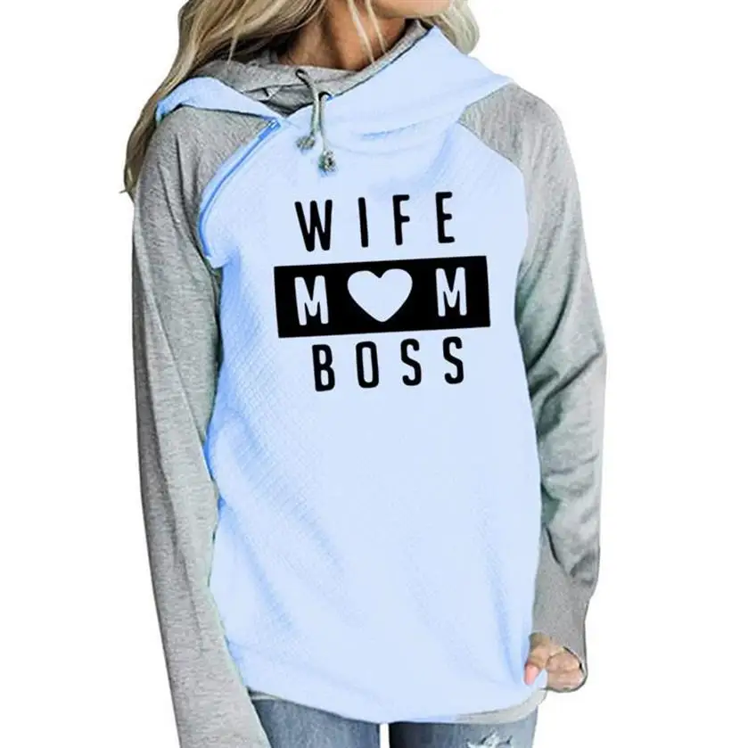 WIFE MOM BOSS Pattern Letters Print Hoodies For Women Zipper Decoration Kawaii Sweatshirts Hoodies Femmes Girls Female 2018 And