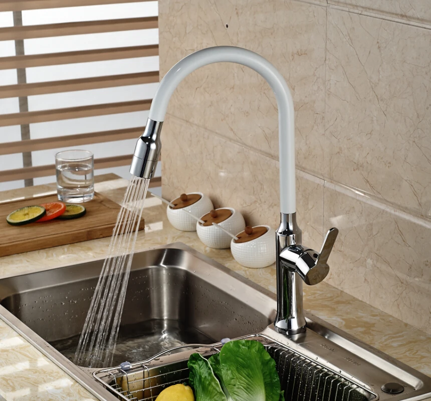 chrome white pull out sprayer kitchen sink faucet deck mount tall rotation mixer taps hot - White Kitchen Sink Taps chrome white pull out sprayer kitchen sink faucet deck mount tall rotation mixer taps hot - White Kitchen Sink Taps